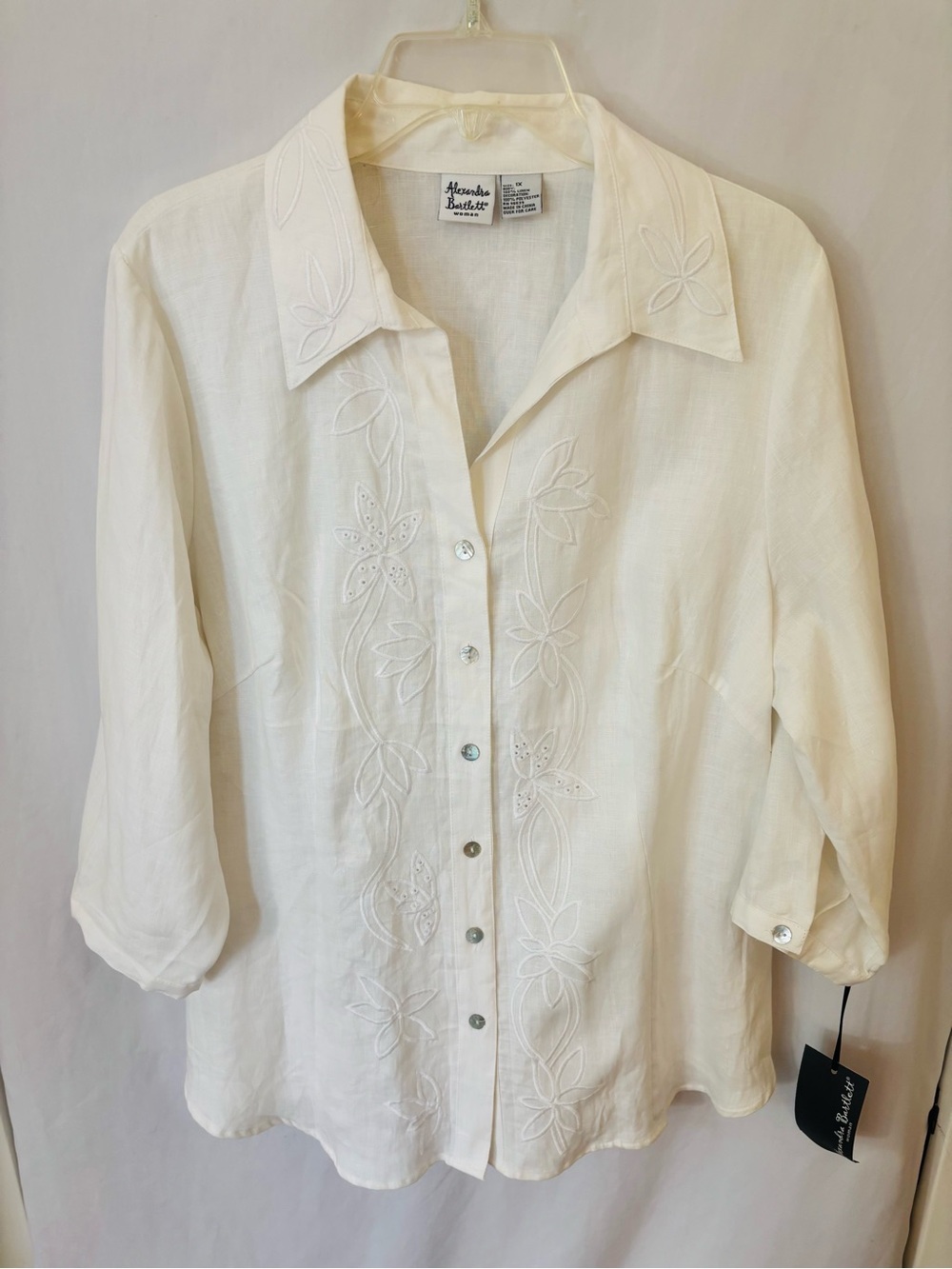 White Linen Embroidered Button Front Career Blouse